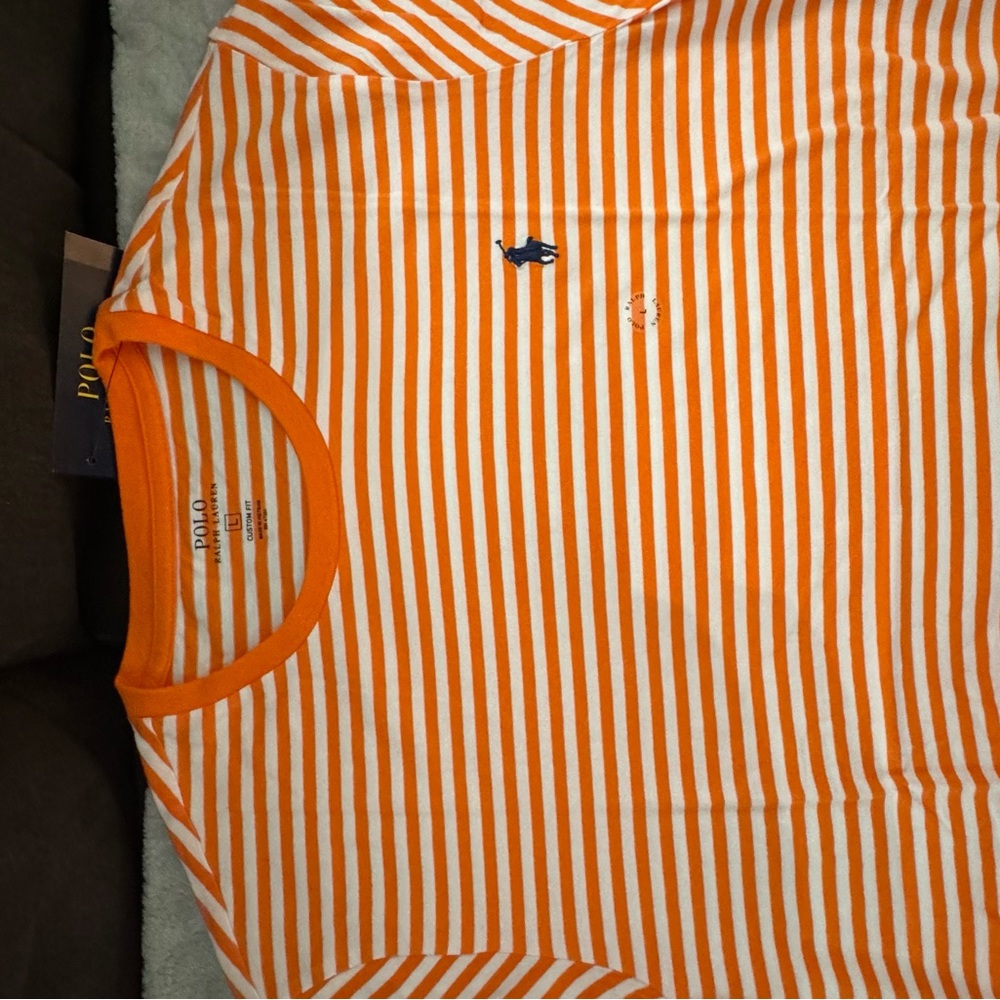 Polo by Ralph Lauren Orange and White Striped Short Sleeve Tee New
